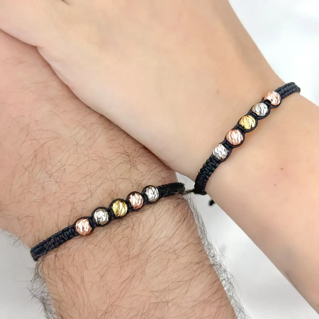 PAR DE PULSERAS BALIN 6MM DE 3 OROS ITALIANO EN BAÑO DE 14K CON GARANTIA DE POR VIDA
