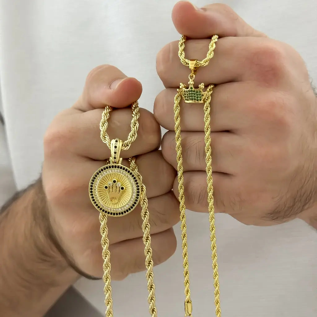 Conjunto de Cadenas Lazo para parejas Hombre 60cm + Dama de 45cm + Dije de Corona Rolex de Rey y Reina en Oro Laminado 18k con Garantia de por vida