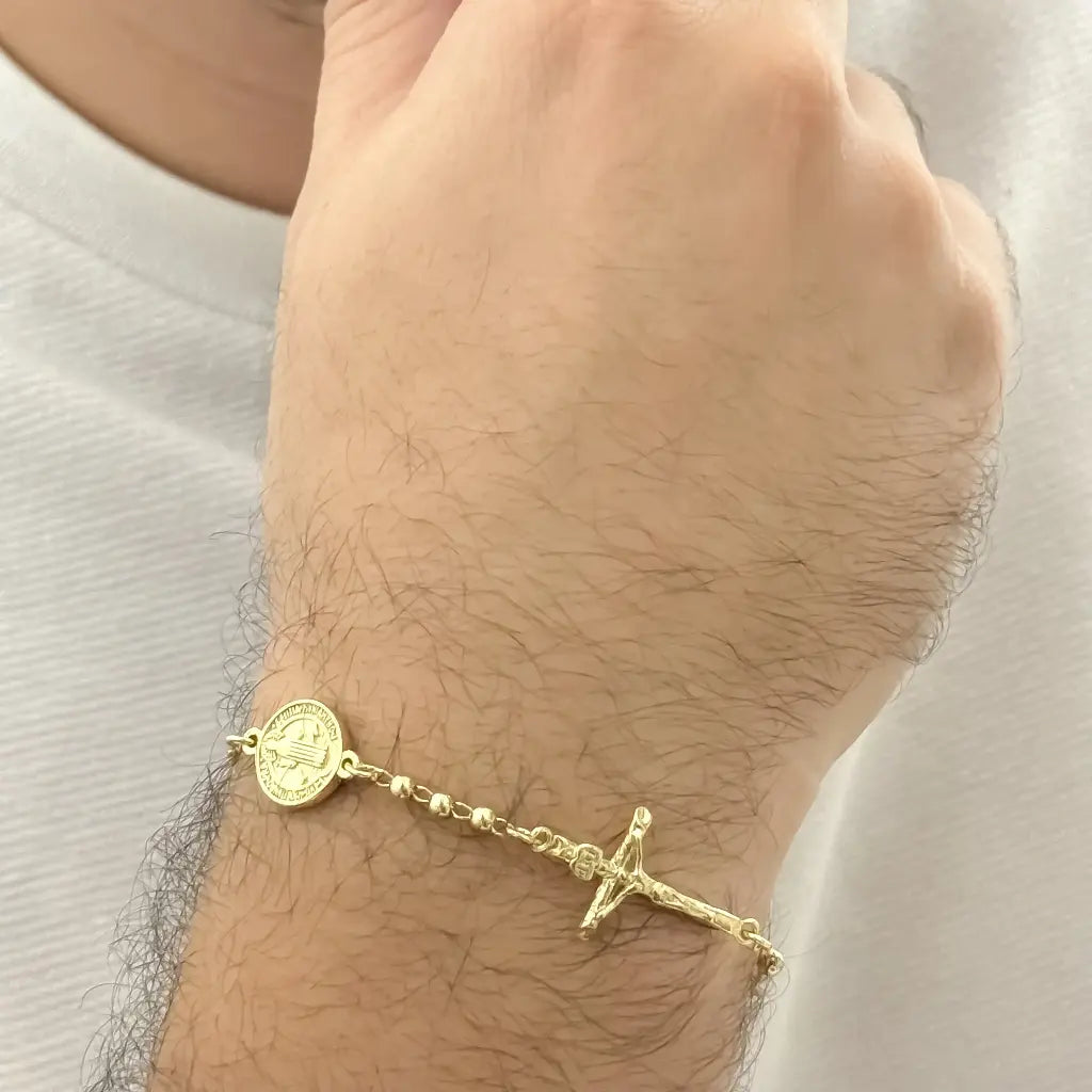 Pulsera Doble Protección San Benito + Cruz Cristo en Balin 6mm en Oro Laminado 18k con Garantia de por vida
