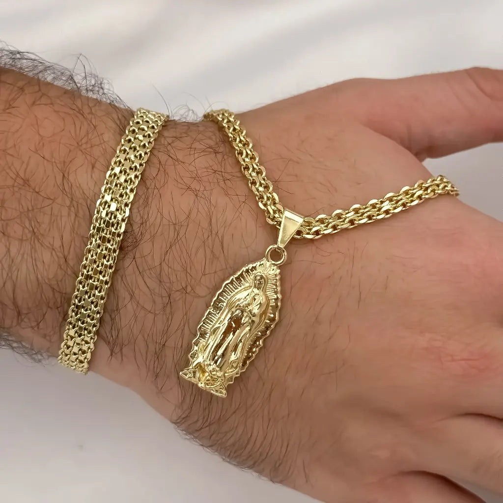 Juego de Hombre Cadena Tejido Chino de 60cm de 5mm de Grosor + Virgen Guadalupe Proteccion + Pulsera Tejido Chino 20cm de 5mm de Grosor en Oro Laminado 18k con garantia de por vida