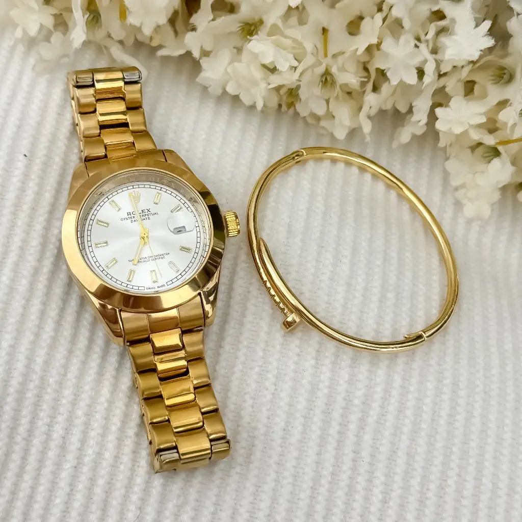 Pulsera Clavo en Oro Laminado 18k + Reloj Rolex Oro Amarillo con Garantia de por vida
