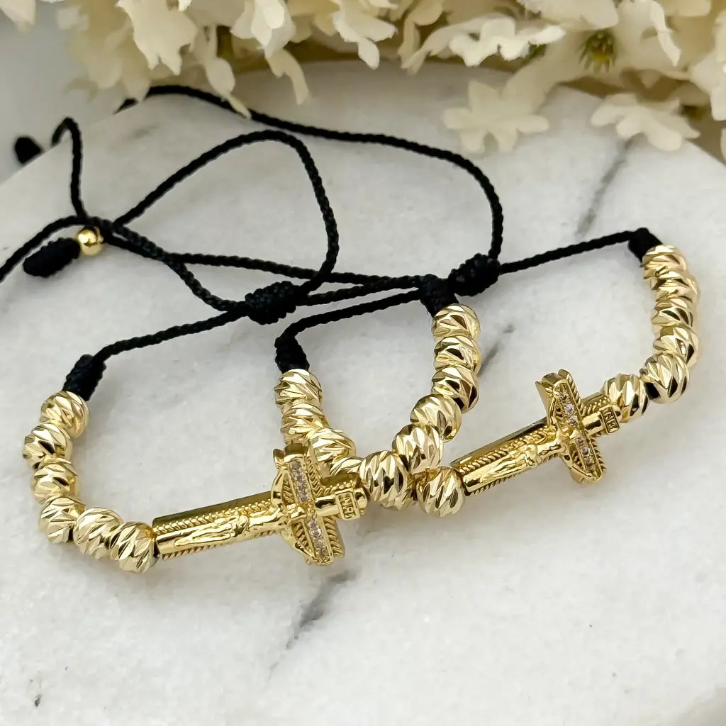 2 Pulseras Para Parejas Balin 6mm italiano mas Dije Cruz protección en Oro de 10k con Garantia