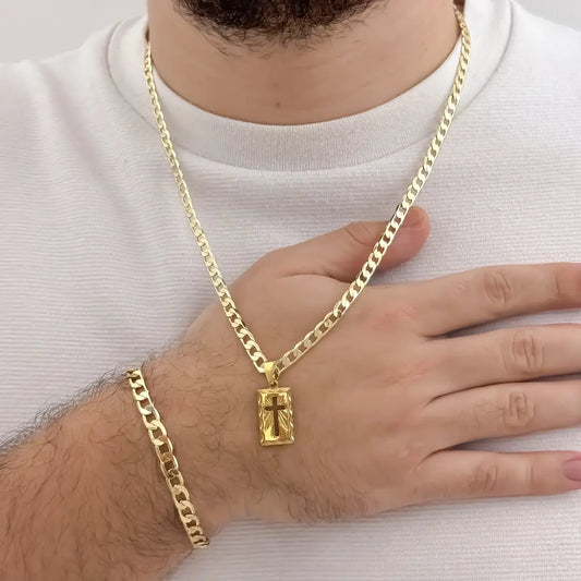 Cadena Cubana de Hombre Gruesa de 60cm -5mm de Grosor + Dije de Placa  de Cruz + Pulsera Cubana de 20cm en Oro Laminado 18k con Garantía de por vida