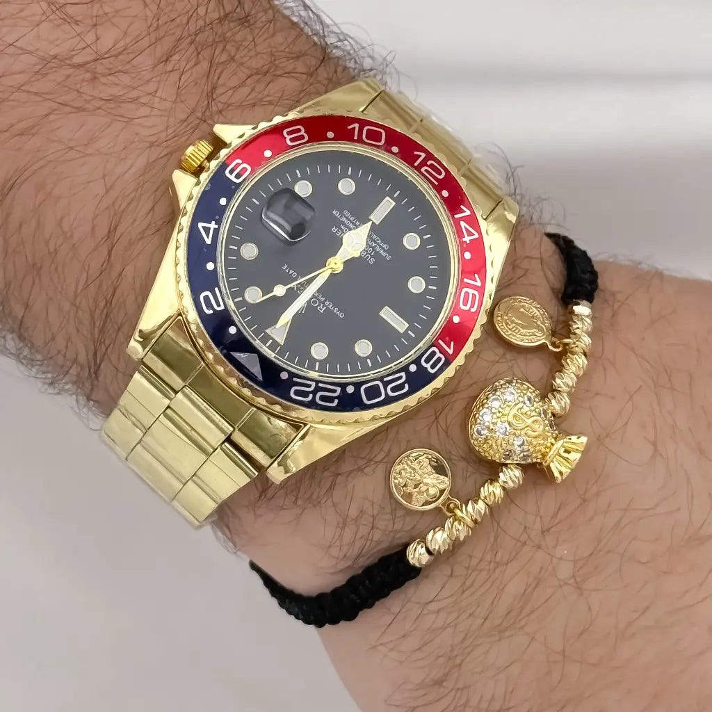 Manilla Abundancia Y Proteccion de San Miguel y San Benito Balin italiano de 4mm con bolsa de dinero en Oro Laminado 18k con Garantia de por vida + Reloj de Alta Gama en oro laminado 18k con garantia de por vida