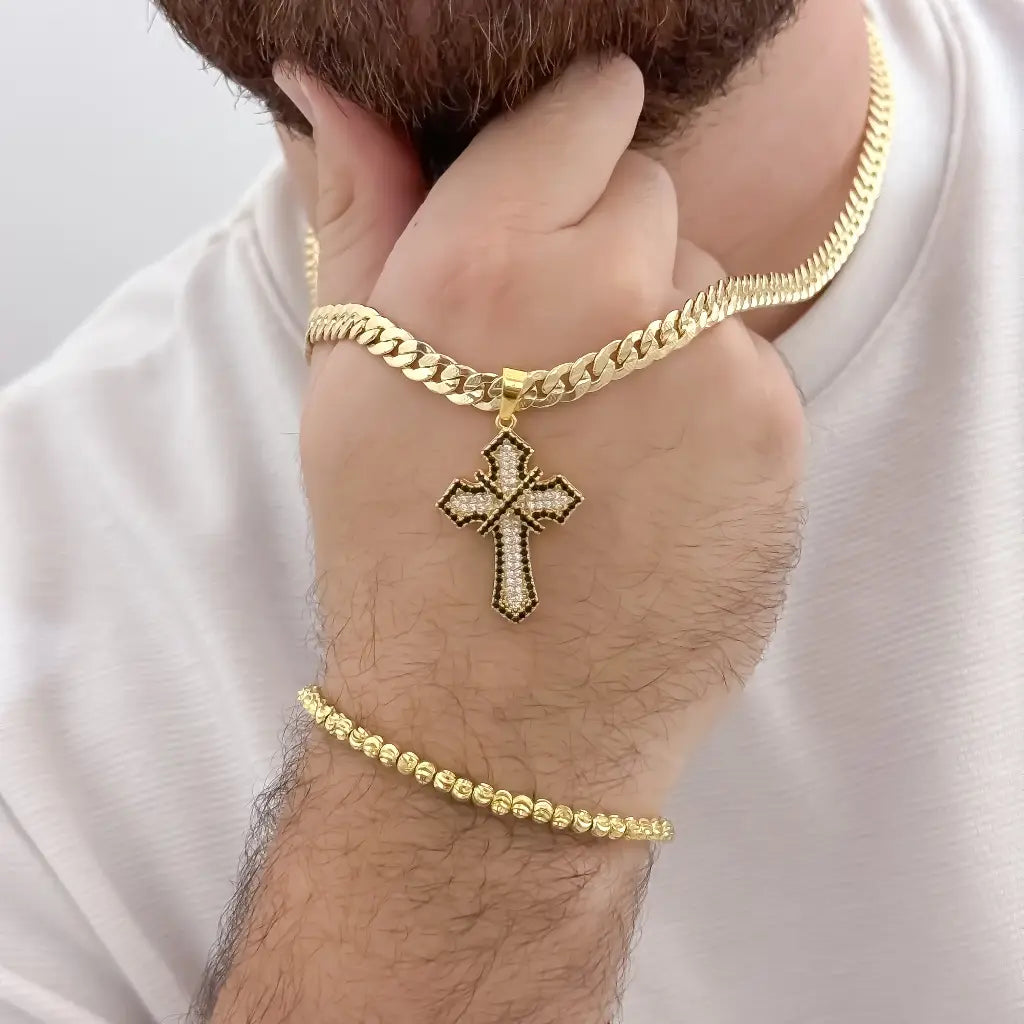 Cadena Cubana Gruesa de Hombre Diamantada de 60cm -5mm de Grosor + Cruz Trebol con micro circones Negros en Oro Laminado 18k con garantia de por vida