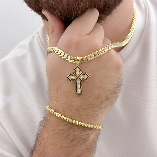 Cadena Cubana Gruesa de Hombre Diamantada de 60cm -5mm de Grosor + Cruz Trebol con micro circones Negros en Oro Laminado 18k con garantia de por vida