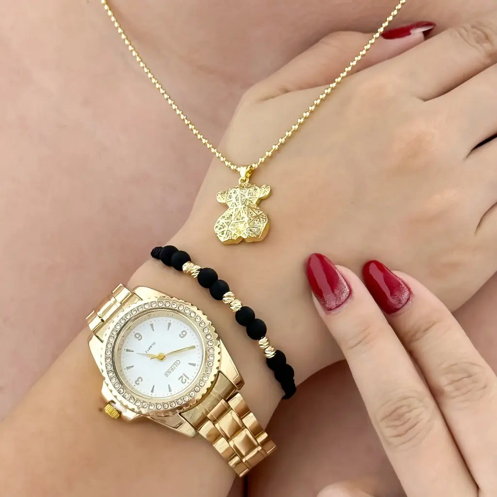 Conjunto para Dama Cadena Tejido Militar + Oso Circones + Pulseras Balin Italiano 4mm en Baño de Oro Laminado 18k + Reloj Guess con Circones con Garantia de por vida