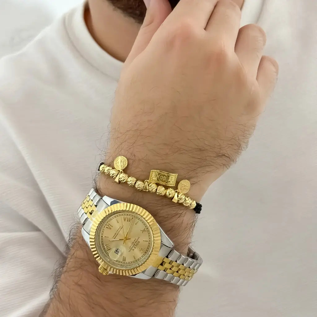 Pulsera Abundancia y Proteccion - Dolar en Oro Laminado 18k con Garantia de por vida + Reloj Rolex Replica 1.1 con Garantia de por vida