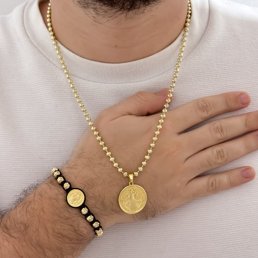 Cadena Tejido Militar de hombre de 60cm de 4mm de Balin Diamantado Italiano + Amuleto Protección Dije de San Benito + Pulsera Balin Italiano de 6mm en Oro Laminado 18k con Garantia de por vida