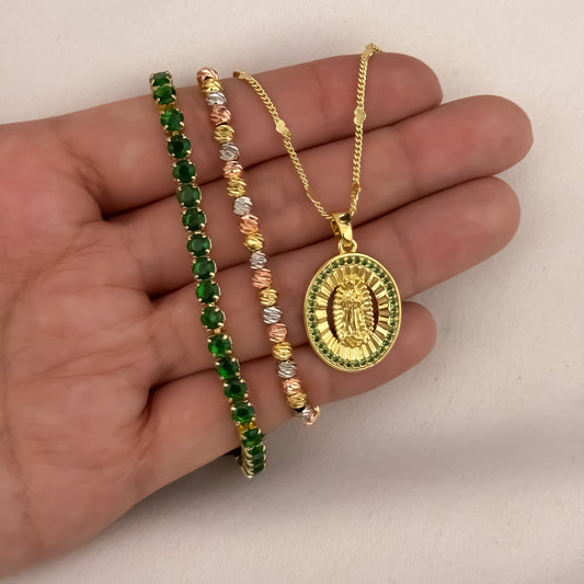 Cadena Cubana de Dama de 45cm + Virgen de Guadalupe con Micro Circones Verde + Pulseras Balin italiano de 3 oros + Pulsera tennis Verde en Oro Laminado 18k con garantia de por vida