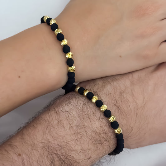 Promocion de 2 Pulseras para Parejas en Hilo Negro en Balin Italiano de 6mm con Neopreno en Oro Laminado 18k con Garantia de por vida