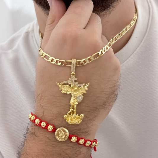 Cadena Tejido Catier de Hombre es de 60cm de 4mm de Grosor + Dije de San Miguel Arcangel Proteccion + Pulsera San miguel Arcángel en hilo Rojo en Oro Laminado 18k con Garantía de por vida