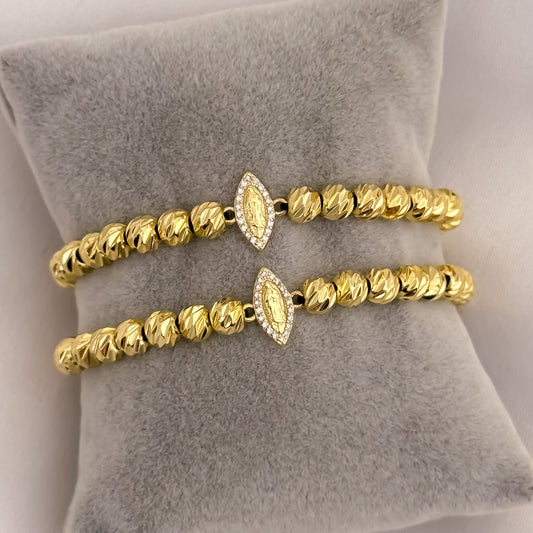 Promoción de Pulseras para Parejas en Balin Italiano  6mm con Virgen de Guadalupe con Micro Circones Cristales en Oro Laminado 18k