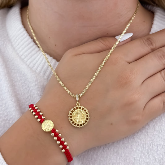 Cadena Tejido Chino de Dama de 45cm + San Benito Protección el Amuleto de Protección + Pulsera Rojas  de San Benito en Balin de 4mm en Oro Laminado 18k con Garantia de por vida