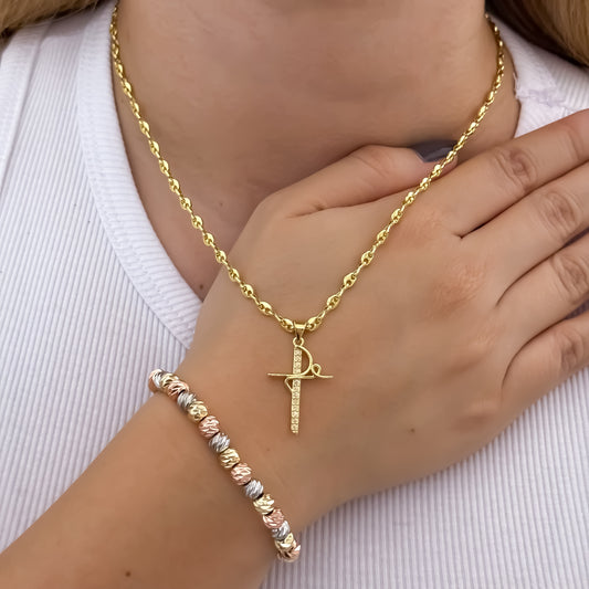 Cadena Tejido Gucci de Dama de 45cm de 3mm de Grosor + Dije de Fe con Pulsera Balin Italiano de 6mm en 3 oros en Oro Laminado 18k con Garantia de por vida