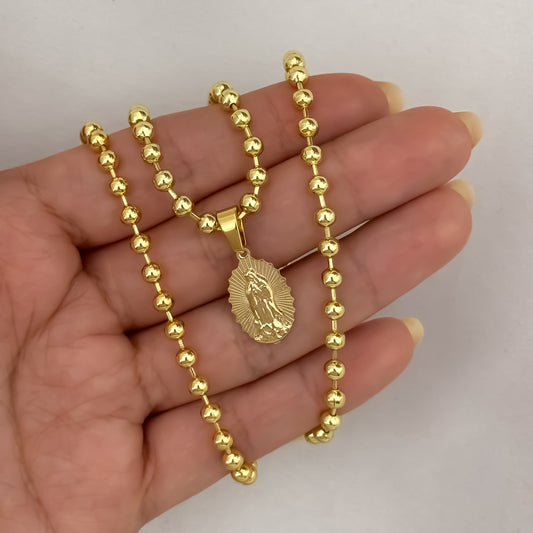 Conjunto de Cadena Tejido Militar de Dama de 45cm + Virgen de Guadalupe + Pulseras de Dama de 18cm en Oro Laminado 18k con Garantía de por vida