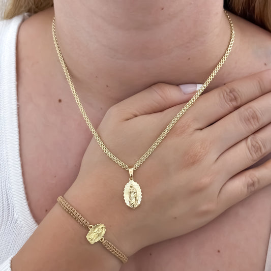 Cadena Tejido Chino de Dama de 45cm + Virgen de Guadalupe + Pulsera Tejida Virgen Guadalupe en Oro Laminado 18k