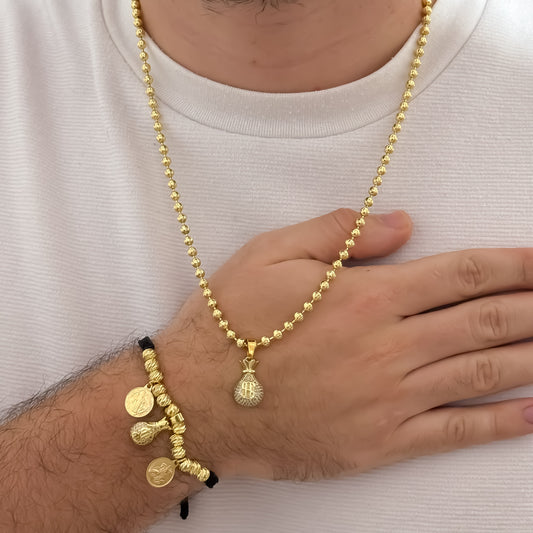 Cadena Tejido Militar Diamantada de 60cm + Dije de Bolsa de Dinero + Pulsera de la Abundancia y Proteccion y mucha Prosperidad en Oro Laminado 18k con Garantía de por vida