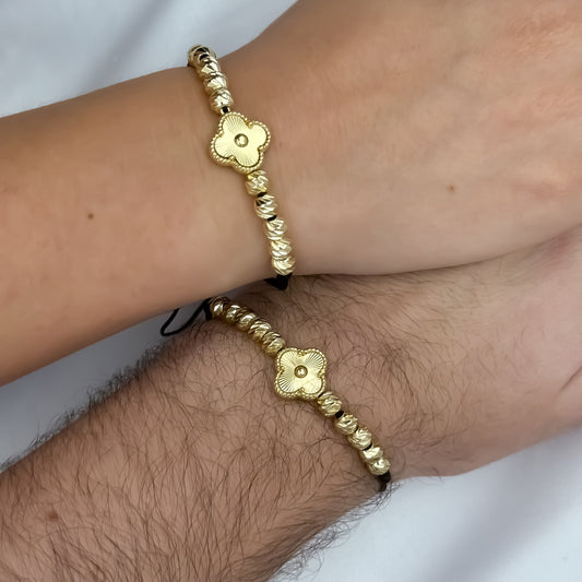 2 Pulseras para Parejas Balin Italiano de 6mm de Grosor con Dije de Van Cleef en Oro Laminado 18k con Garantía de por vida