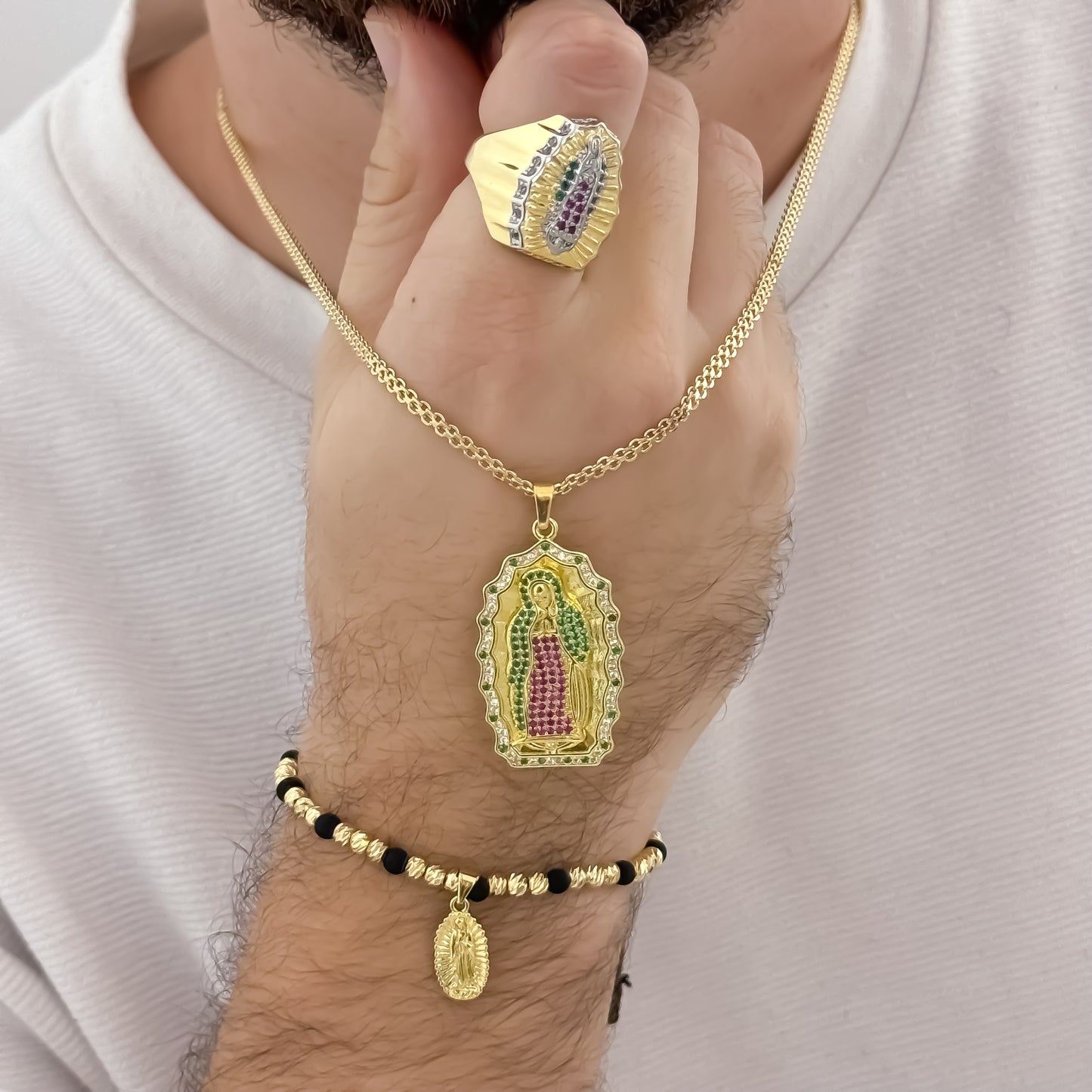 Cadena Tejido Chino de hombre de 60cm + Virgen de Guadalupe con circones de Colores + Anillo Tejido virgen de Guadalupe + Pulsera Tejida Virgen de Guadalupe  en Oro Laminado 18k con Garantía de por vida