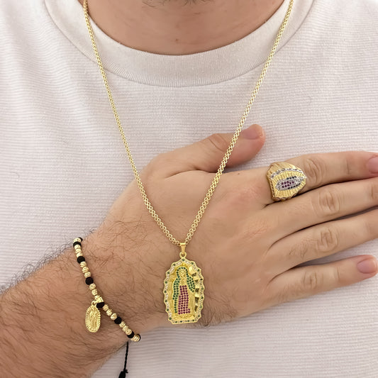 Cadena Tejido Chino de hombre de 60cm + Virgen de Guadalupe con circones de Colores + Anillo Tejido virgen de Guadalupe + Pulsera Tejida Virgen de Guadalupe  en Oro Laminado 18k con Garantía de por vida