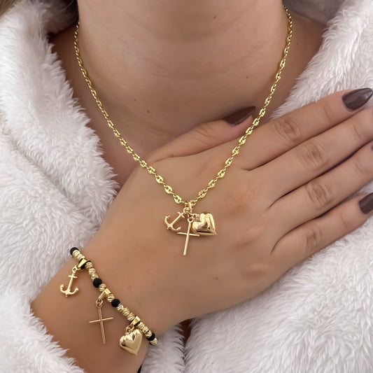 Cadena Tejido Gucci de Dama de 45cm + Dije de 3 Gracias + Pulseras Balin Italiano 4mm dije de 3 Gracias en Oro Laminado 18k con Garantia de por vida