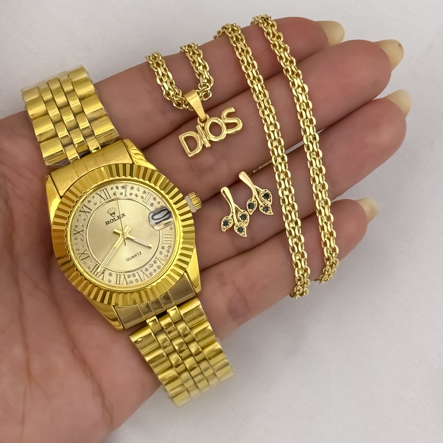 Cadena Tejido Chino de Dama de 45cm de 3mm de Grosor + Dije de Dios Proteccion + Topos Flor  en Oro Laminado 18k con Garantia de por vida + Reloj de Dama Rolex de alta Calidad