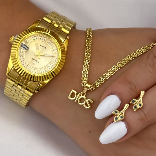 Cadena Tejido Chino de Dama de 45cm de 3mm de Grosor + Dije de Dios Proteccion + Topos Flor  en Oro Laminado 18k con Garantia de por vida + Reloj de Dama Rolex de alta Calidad