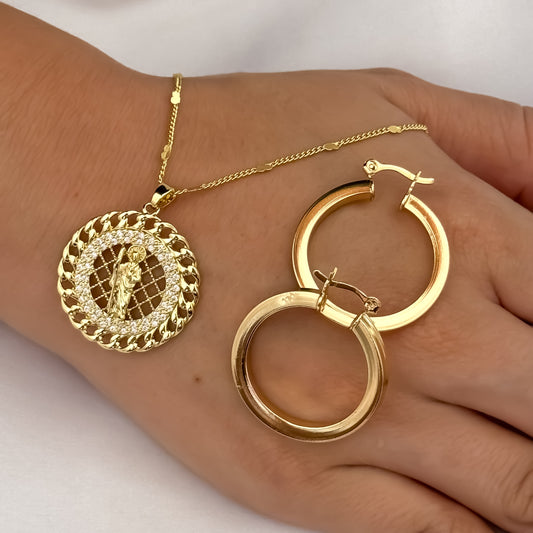 Cadena Cubana de Dama de 45cm Tejido Corazon + Dije de San Judas Tadeo Proteccion + Candongas Tubular de 25mm en Oro Laminado 18k con Garantia de por vida