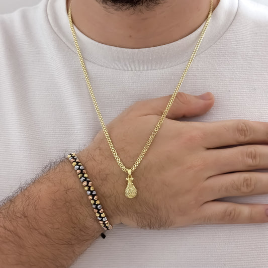 Cadena Tejido Chino Hombre de 60cm de de Grosor + Dije de bolsa de Dinero  con Micro Circones + Pulsera de 3 Oros en Balin Italiano Doble Carril en Oro Laminado 18k con Garantia de por vida
