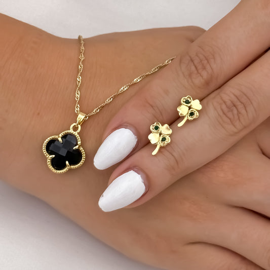 Cadena  Tejido Singapur de Dama + Dije Van Cleef circones  Negro +  Topos Van Cleef en Oro Laminado 18k con Garantia de por vida