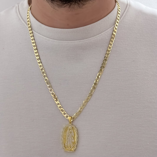 Cadena Tejido Cubana Gruesa de 60cm de 5mm de Grosor + Virgen de Guadalupe con Micro Circones Cristales en Oro Laminado 18k