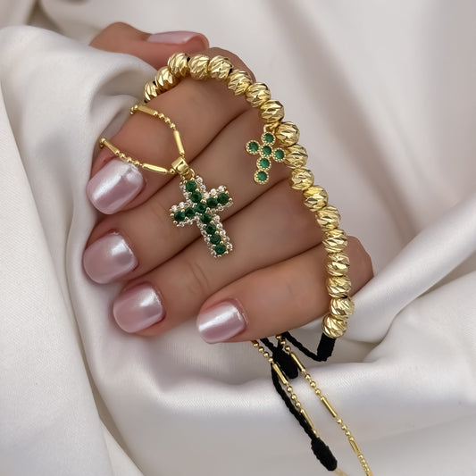 Cadena Tejido Militar Palito de Dama de 45cm + Cruz con Piedra verde Esmeralda + Pulsera balin italiano cruz Verde Esmeralda en Oro Laminado 18k con Garantía de por vida incluye certificado de Garantía
