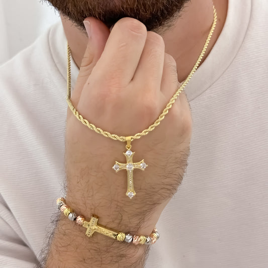 Cadena Tejido Lazo Siciliano de Hombre de 60cm de 3mm de Grosor + Cruz Trebol con Micro circones + Pulsera Cristo madero de 3 Oros en Balin italiano en Oro Laminado 18k con Garantia de por vida