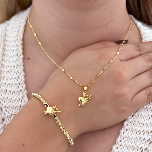 Cadena Tejido Cubana corazones de Dama de 45cm + Dije de  Corazon de Jesus  Protección + Pulsera Corazon de Jesús en Balin   Diamantado 4mm en Oro Laminado 18k con Garantia de por vida