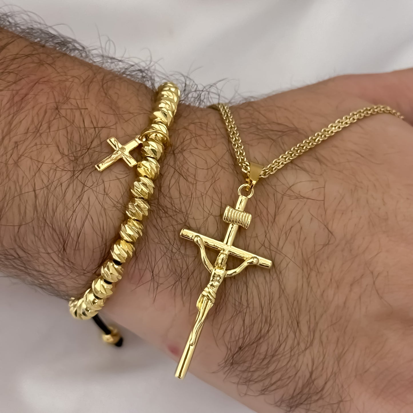 Cadena Tejido Chino de Hombre de 60cm de 3mm  + Cruz Cristo Madero + Pulseras Cruz Cristo Madero Cruz Cristo Madero en Oro laminado 18k con Garantia de por vida