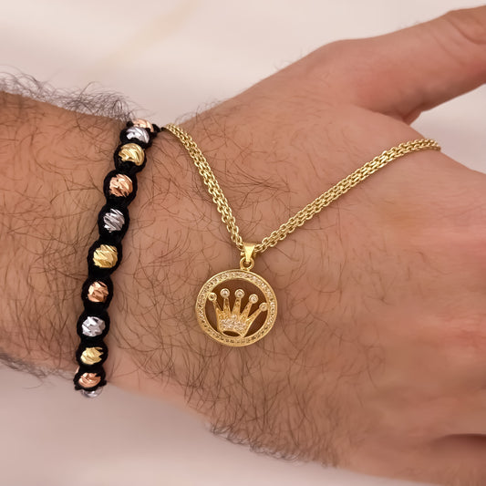 Cadena Tejido Chino de Hombre de 60cm de 3mm  + Corona Rolex con Micro circones + Pulsera Tejida de 3 Oros en Balin italiano en oro Laminado 18k con Garantia de por vida
