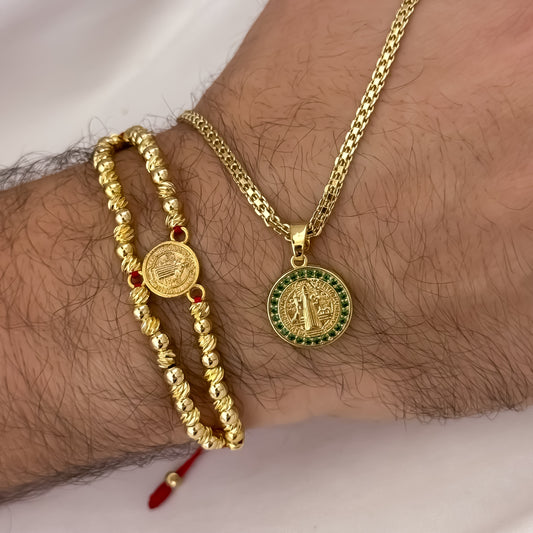 Cadena Tejido Chino de Hombre de 60cm de 3mm de Grosor + Dije de San Benito Protección con micro circones verde + Pulsera Doble de San Benito en Oro Laminado 18k con Garantía