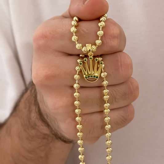 Cadena Tejido Militar Diamantada de 60cm de 4mm + Corona Rolex con Micro Circones Verde en Oro Laminado 18k con Garantía de por vida