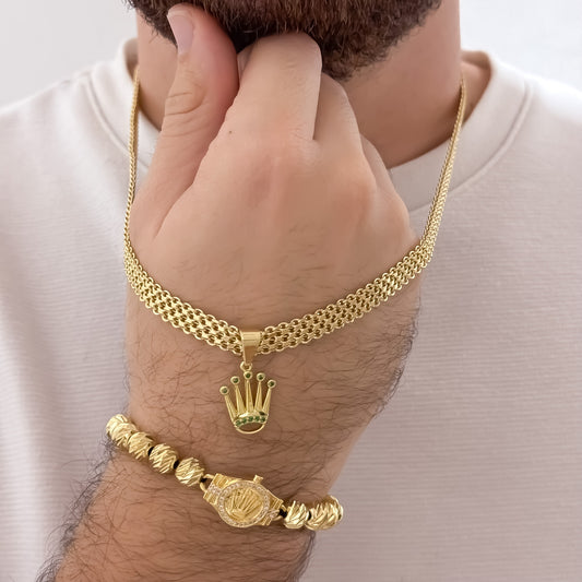 Cadena Tejido chino Grueso de Hombre de 60cm de 6mm de Grosor + Dije de Corona Rolex con Micro circones Verde + Pulsera Rolex Balin Italiano de 8mm en Oro Laminado 18k con Garantia de por vida