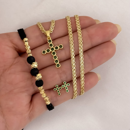 Cadena Tejido Chino de Dama de 45cm de 3mm de Grosor + Cruz Verde Esmeralda + Topo Cruz + Pulsera Balin italiano de 4mm de grosor en Oro laminado 18k con Garantia de por vida