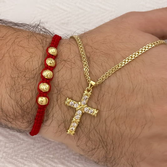 Cadena Tejido Chino de Hombre de 60cm de 4mm + Cruz Cristales Entrelazada + Pulsera Tejida Roja en Balin italiano de 6mm en Oro Laminado 18k con Garantia de por vida