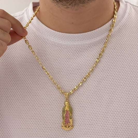 Cadena Tejido Gucci de hombre de 60cm de 5mm + Virgen de Guadalupe Talla con Micro circones de Colores en Oro Laminado 18k con Garantia de por vida