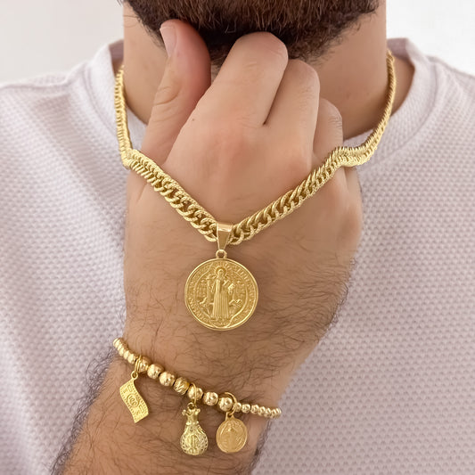 Cadena Tejido Cubana Gruesa de 60cm de 5mm de Grosor + San Benito Proteccion + Pulsera Full Balines de Abundacia y Proteccion  de Billete Dolar + Bolsa de Dinero + San Benito en Oro Laminado 18k con Garantia de por vida