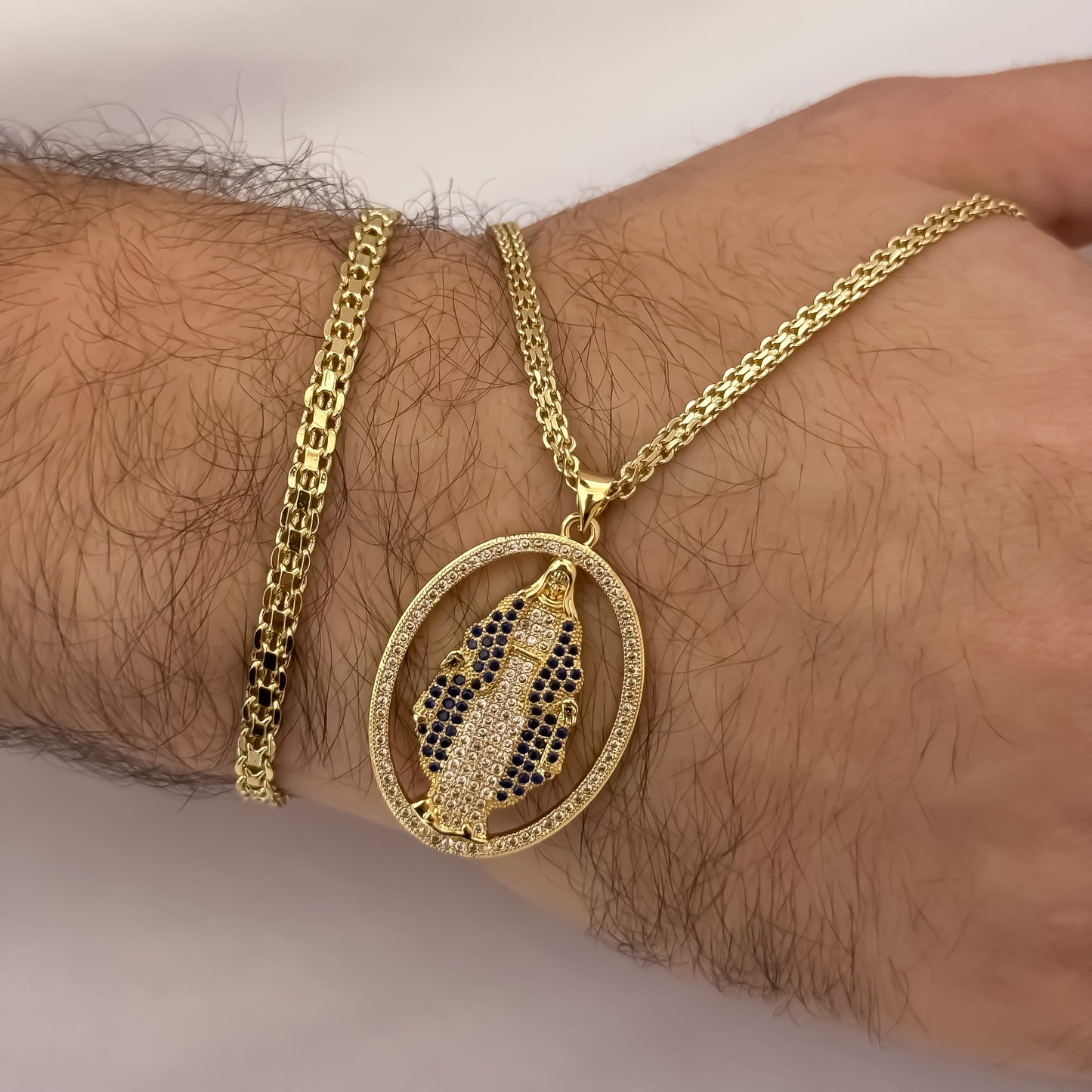 Cadena Tejido Chino de Hombre de 60cm de 3mm + Virgen de Milagrosa con Micro Circones Cristales y Azul + Pulsera de 20cm de 4mm en Oro Laminado 18k con Garantia de por vida