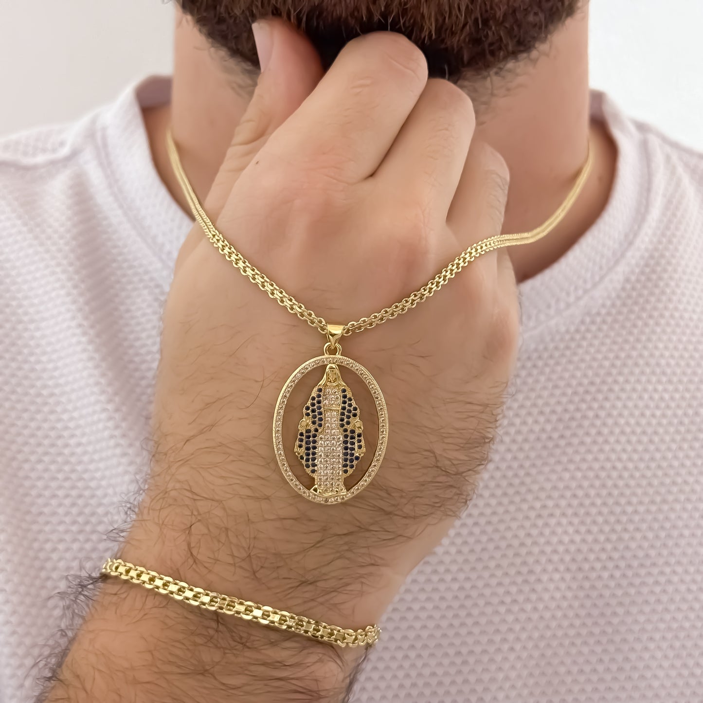 Cadena Tejido Chino de Hombre de 60cm de 3mm + Virgen de Milagrosa con Micro Circones Cristales y Azul + Pulsera de 20cm de 4mm en Oro Laminado 18k con Garantia de por vida