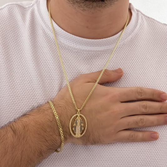 Cadena Tejido Chino de Hombre de 60cm de 3mm + Virgen de Milagrosa con Micro Circones Cristales y Azul + Pulsera de 20cm de 4mm en Oro Laminado 18k con Garantia de por vida