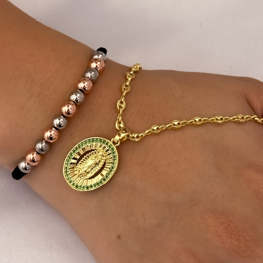 Cadena Tejido Gucci de Dama de 45cm + Virgen de Guadalupe Con Micro Circones  Verde Esmeralda + Pulsera en Oro Rosa + Oro Blanco en Oro Laminado 18k con Garantía de por vida