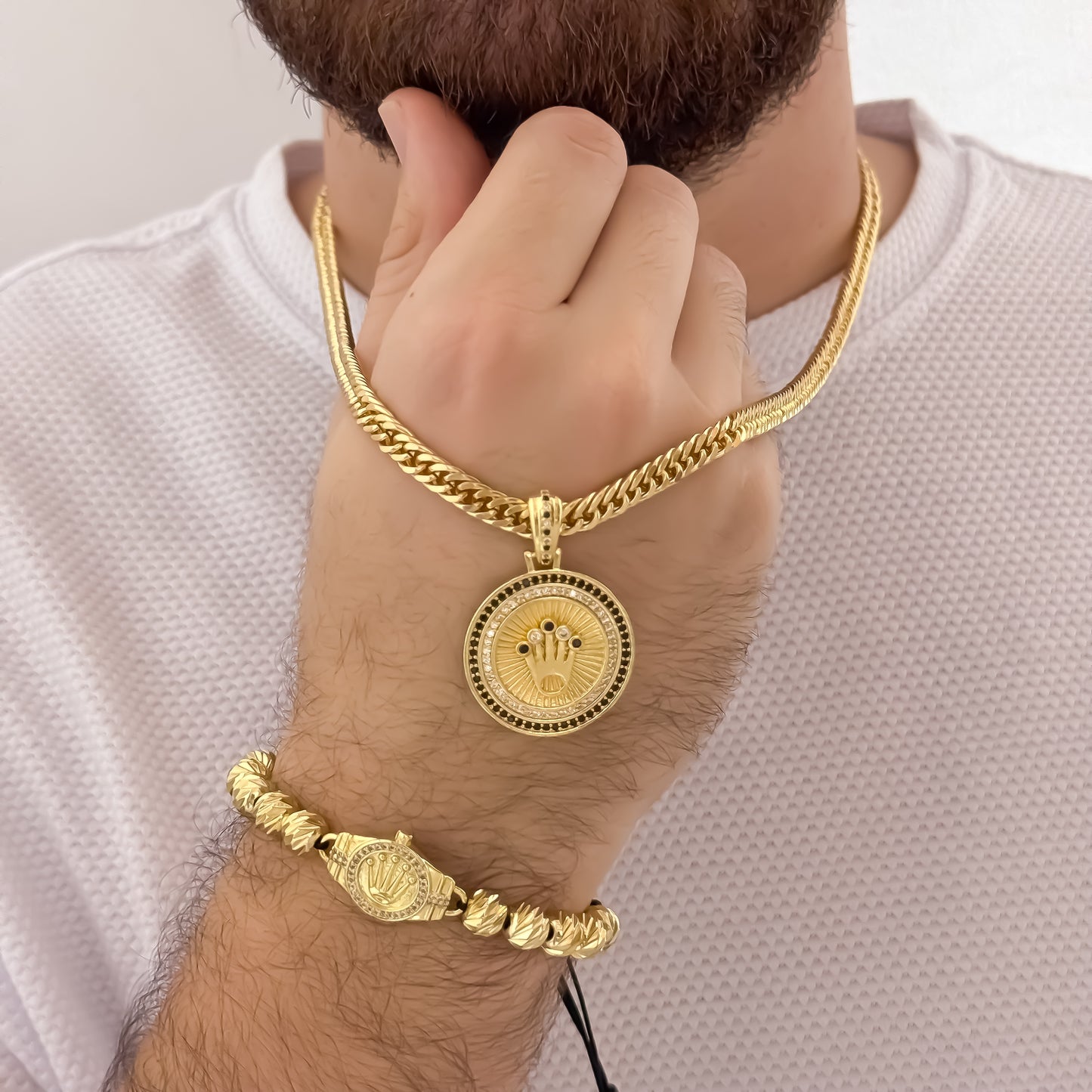 Cadena Tejido Cubana Cruzada de 60cm de 5mm + Dije Corona Rolex con Micro Circones Negro + Micro Circones Cristales + Pulsera Herraje Balin Italiano en 8mm en Oro Laminado 18k con Garantia de por vida