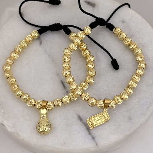 Promoción de PAR de Pulseras Para Parejas en Balin Italiano de 6mm Abundancia Billete de Dolar + Bolsa de Dinero en Oro Laminado 18k con Garantia de por vida
